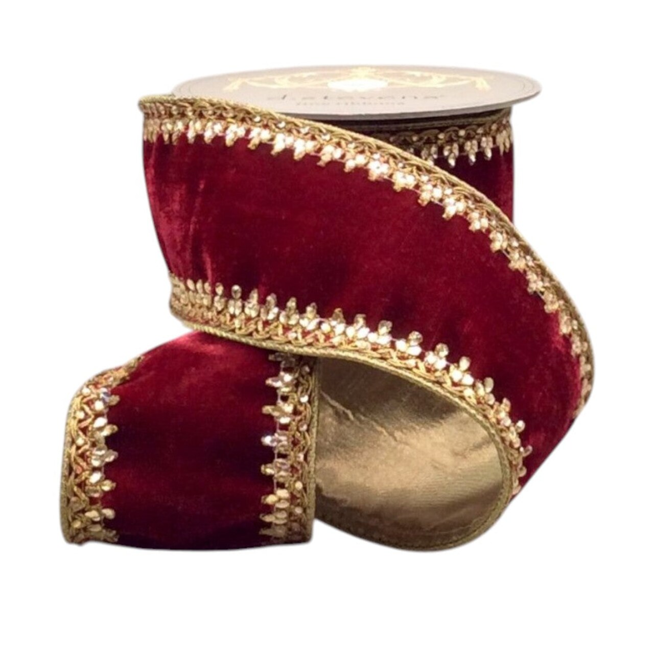 4" Ruby Red Velvet Ribbon with Gold Beaded Trim – Luxury Ribbon Roll-5yds